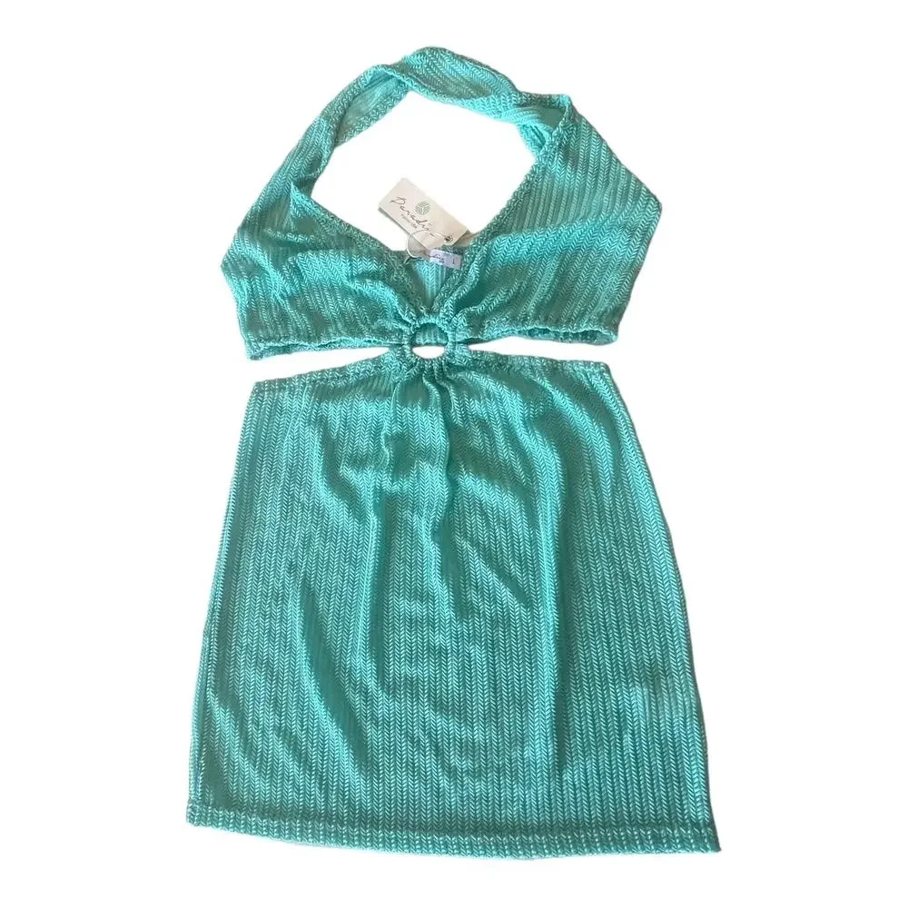NEW Cut Out Crochet Beach COVER UP DRESS Teal Green Bodycon LG Plunge Halter